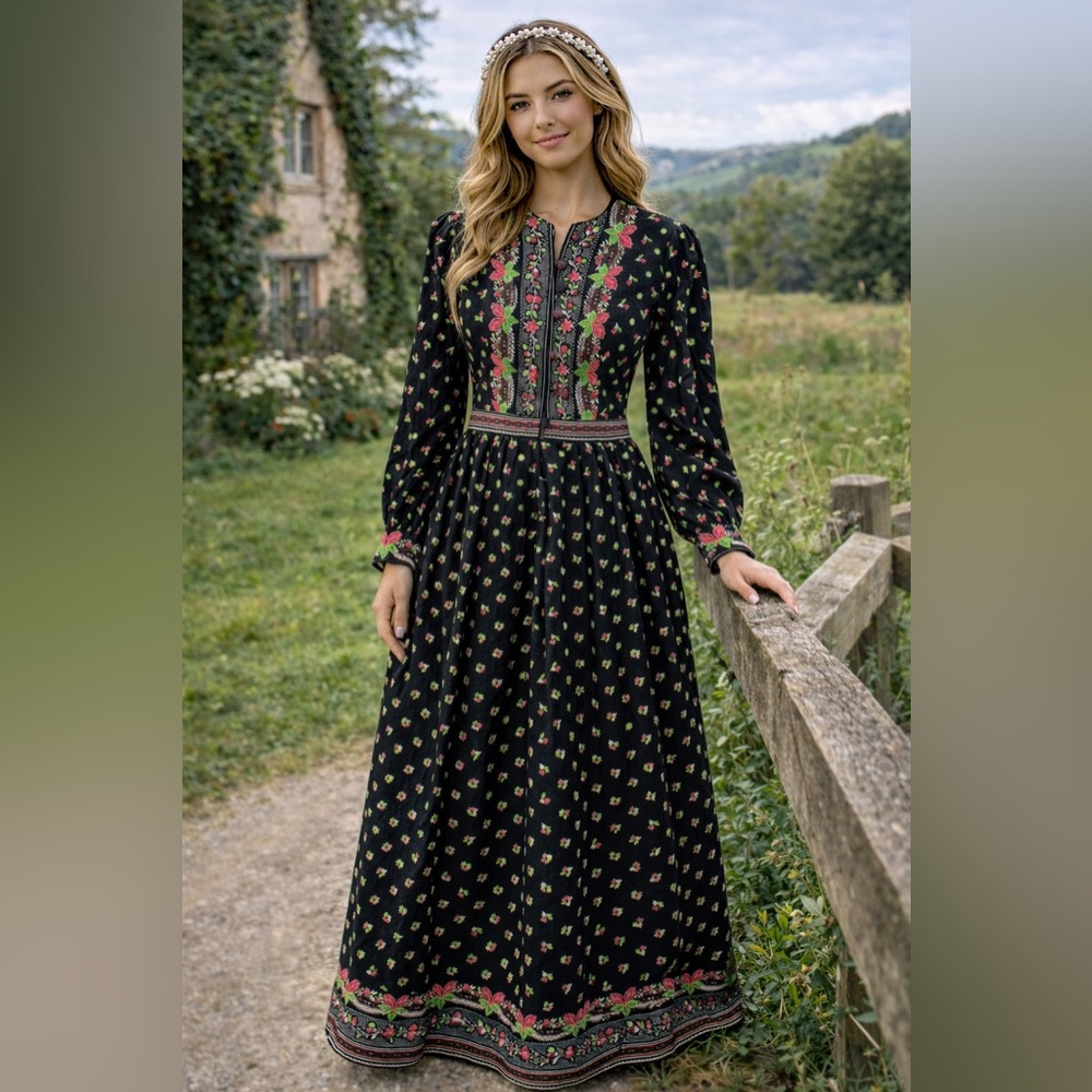 Eva Gabor by Estevez Vintage Prairie Maxi Dress XS Boho Folk Floral Vintage W